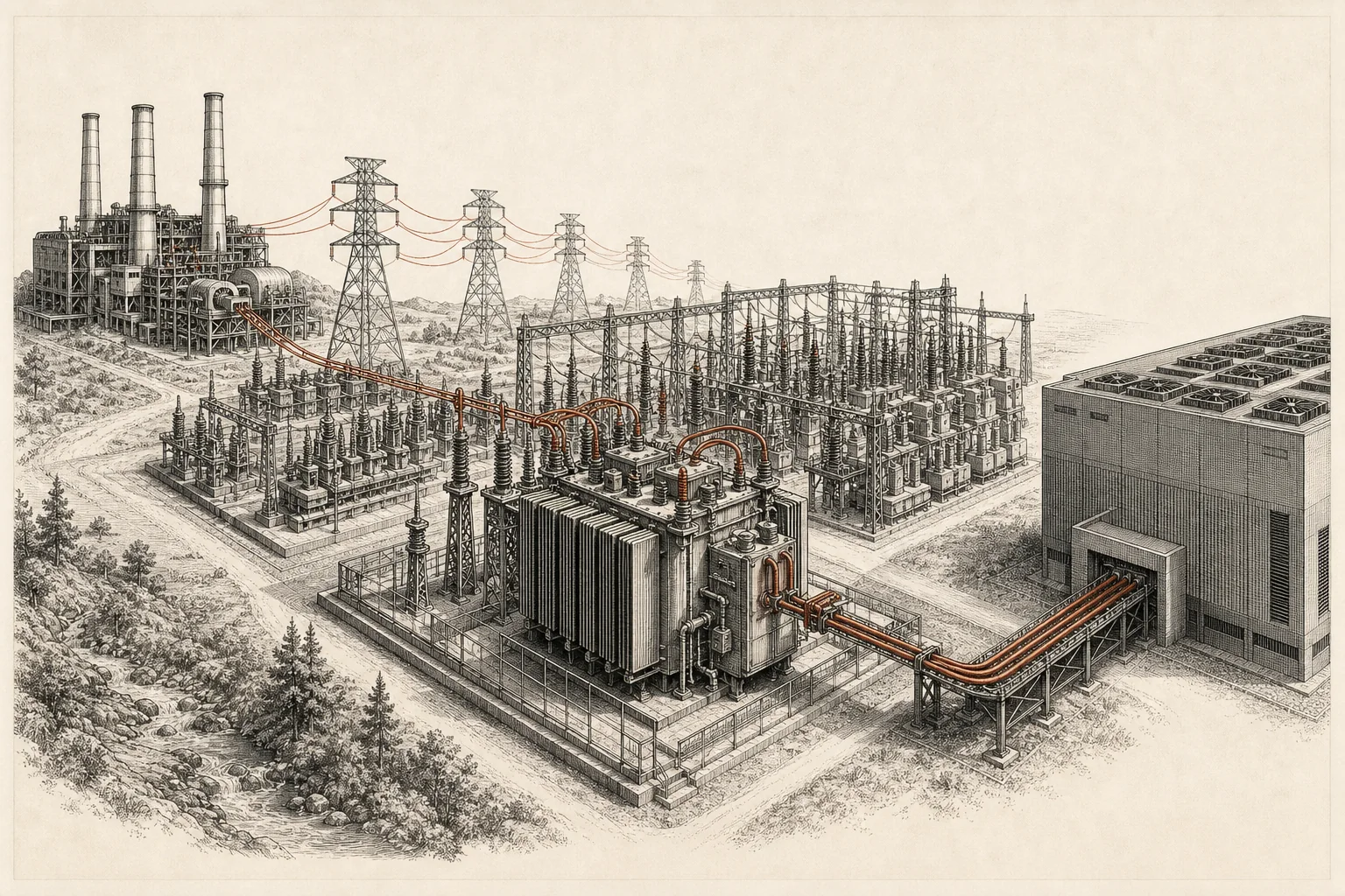 Detailed engraved illustration of a power plant, transmission towers, substation and large transformer feeding a data-center building through copper-colored conductors