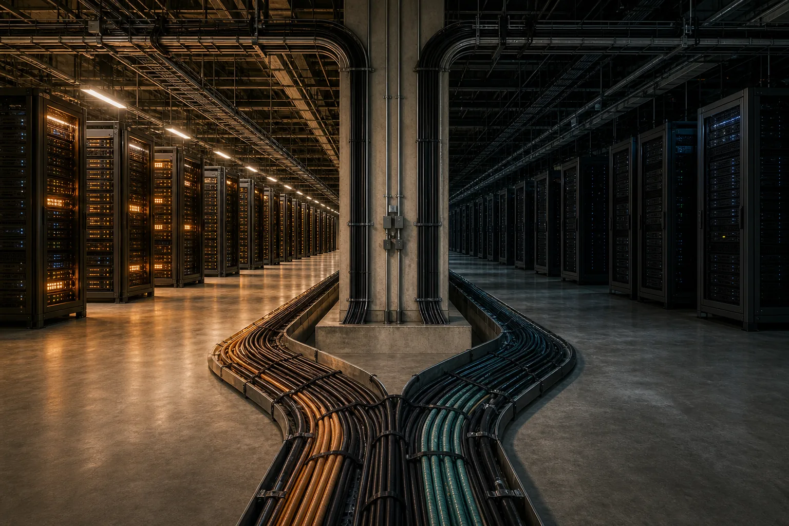 A data-center cable trunk splitting into two server aisles, one lit warm amber and the other cool blue
